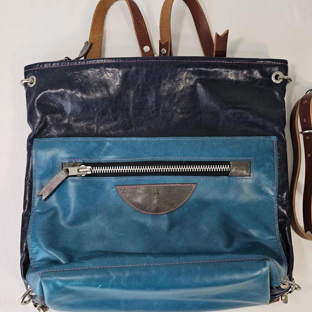 Alexis Drake Shoulder Bag Backpack 2 Tone Blue Leather Designer Handbag 13" - Picture 1 of 15